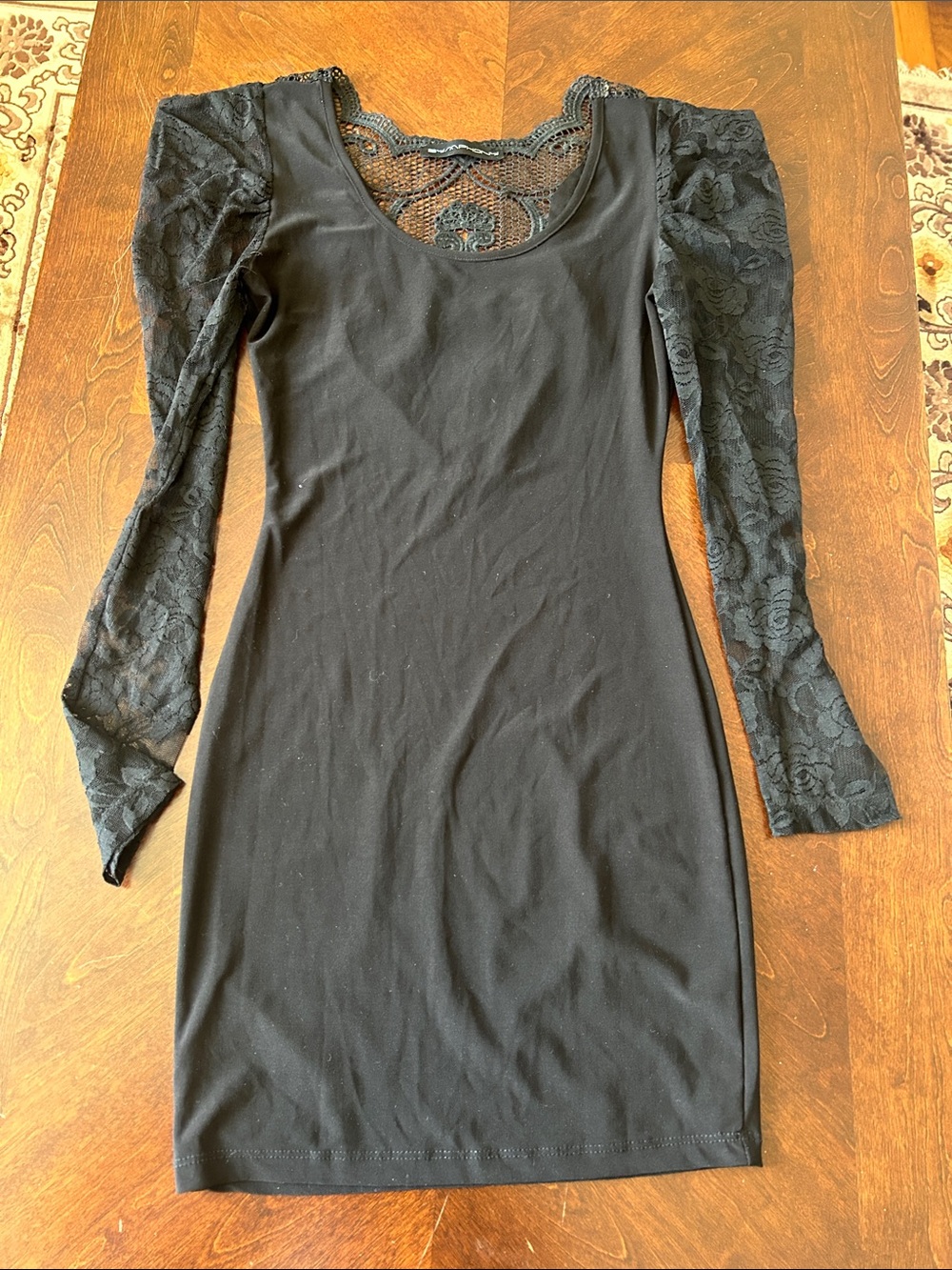 Symphony Black Long Sleeve Lace-Applique Dress